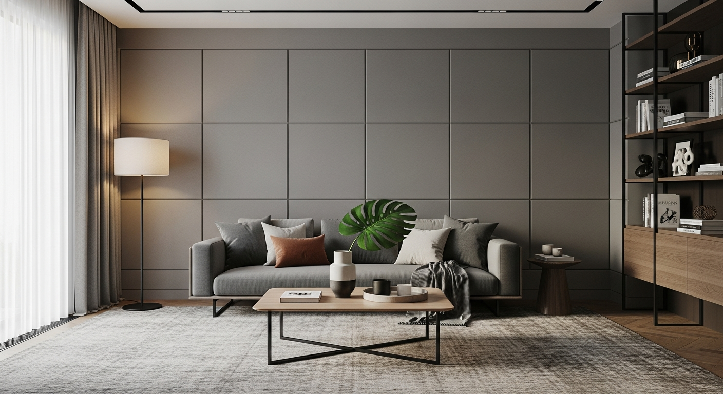 Modern living room with gray acoustic wall panels and minimalist decor