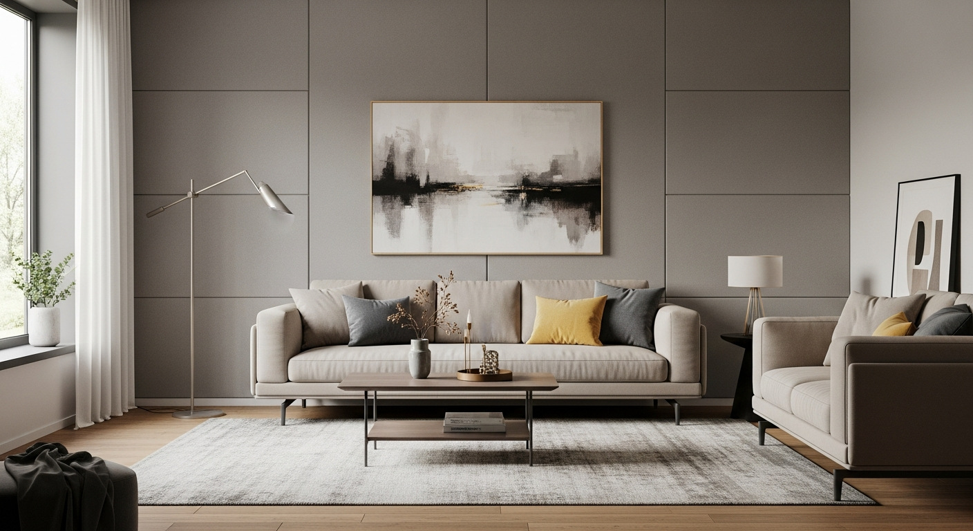 Cozy living room with soft colors and acoustic wall panels