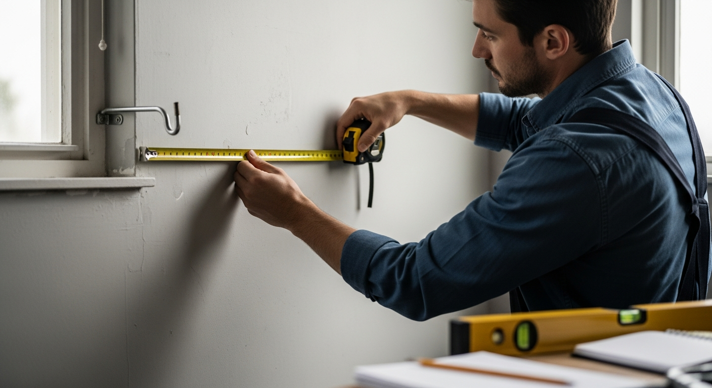 Man measuring wall with tape measure during room setup