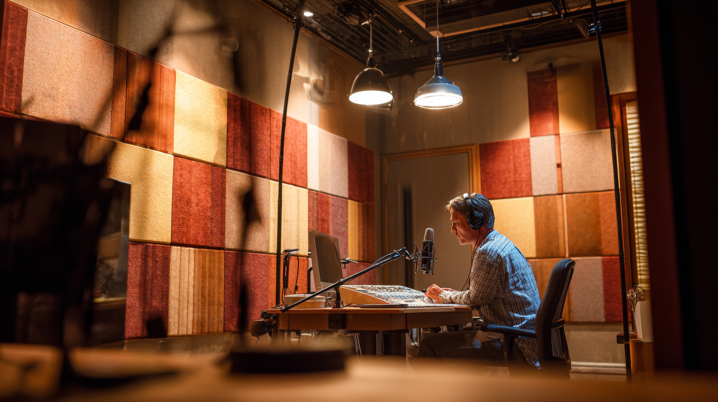 Recording studio with fabric acoustic wall panels