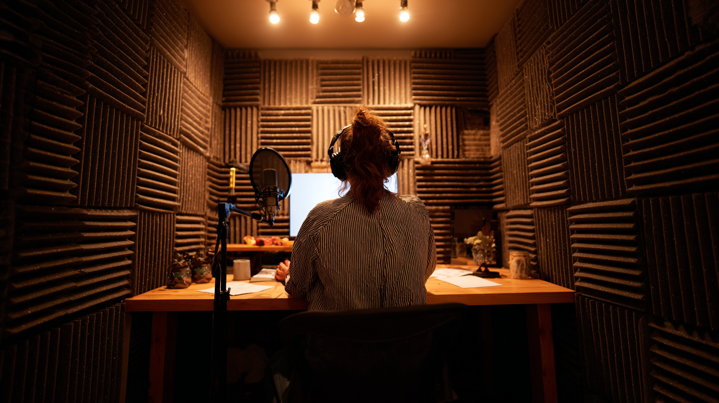 Podcast booth with thick acoustic foam panels