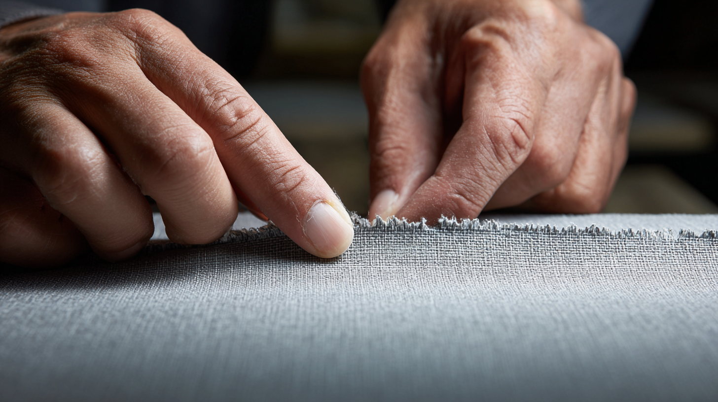 Hands wrapping fabric over a cut acoustic panel edge