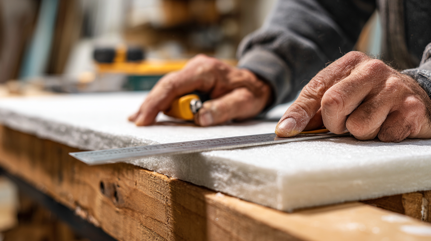 Utility knife cutting a fabric-wrapped fiberglass panel