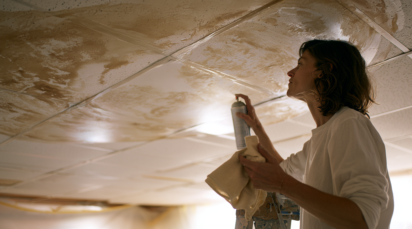 Woman sealing water stains on ceiling tiles with spray primer