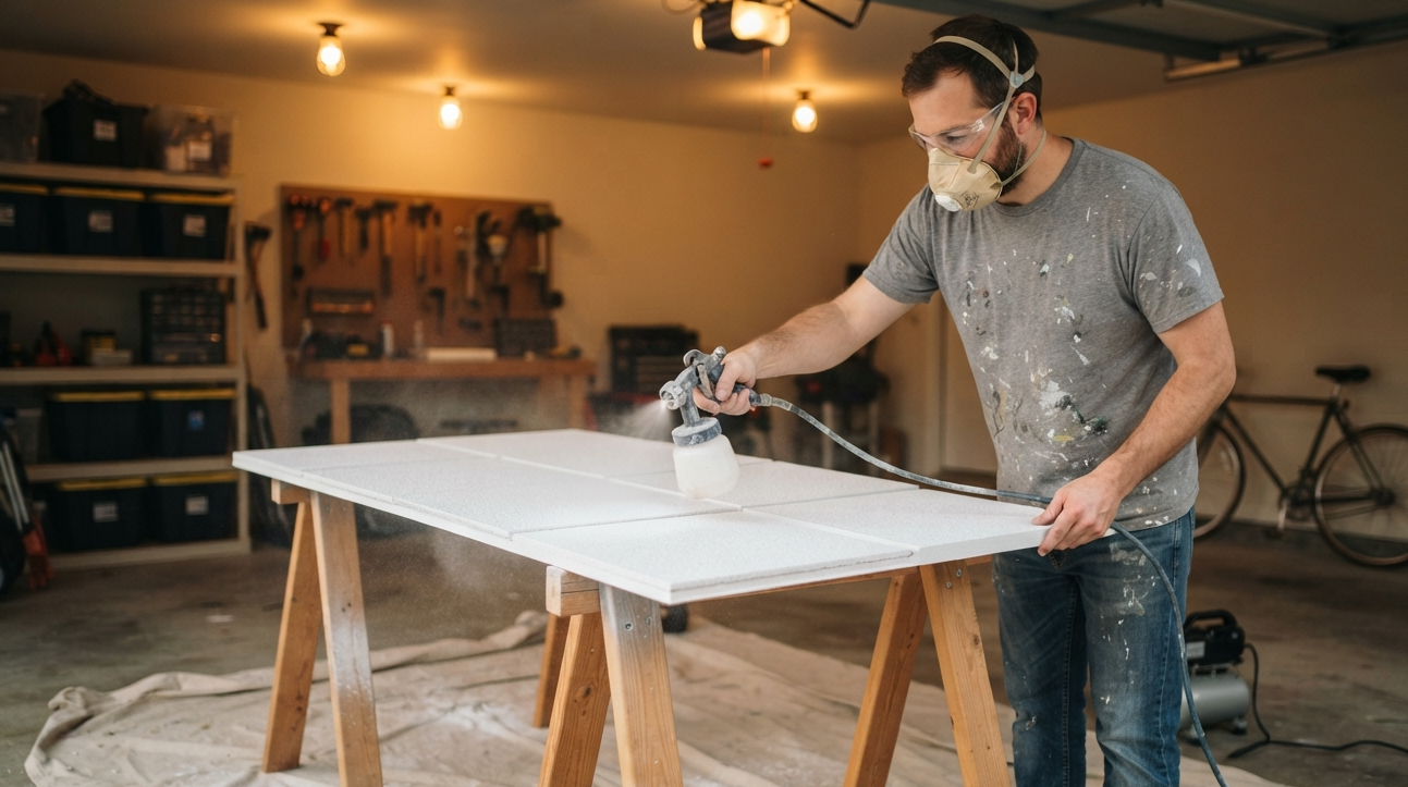 Man spray painting ceiling tiles on sawhorses in a garage