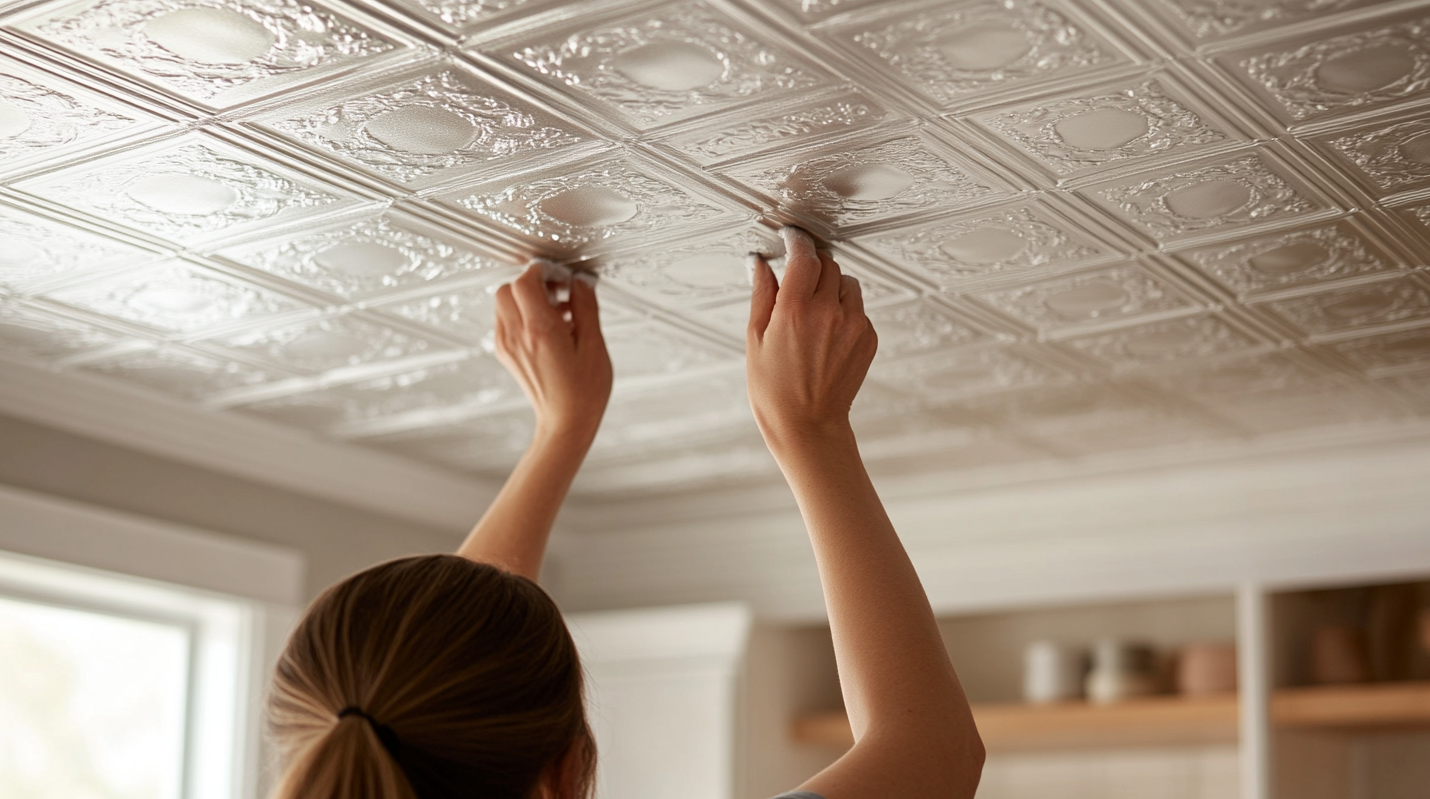 Woman installing peel-and-stick faux tin tiles on a ceiling