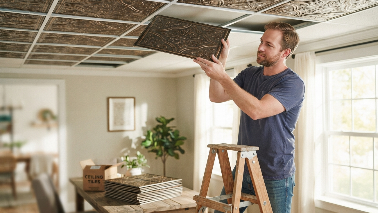 Man placing a decorative drop-in tile into a ceiling grid