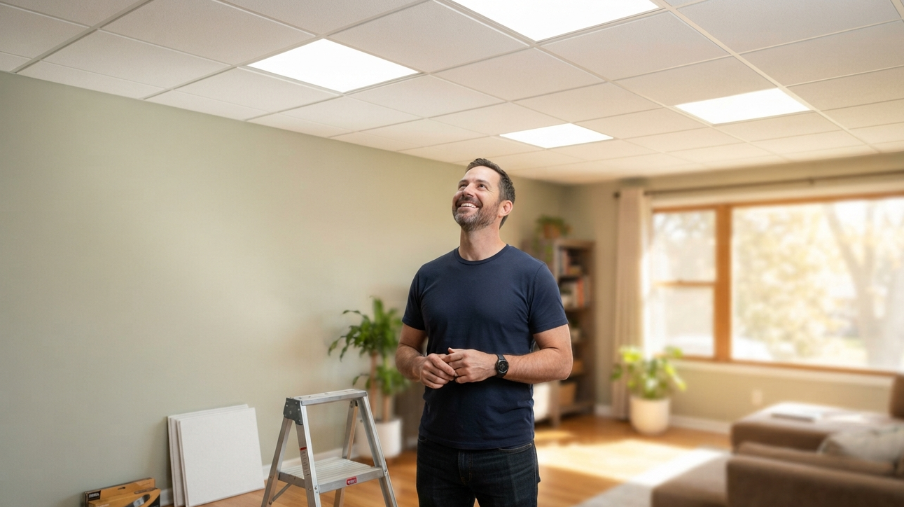Man looking at a refreshed drop ceiling with white tiles