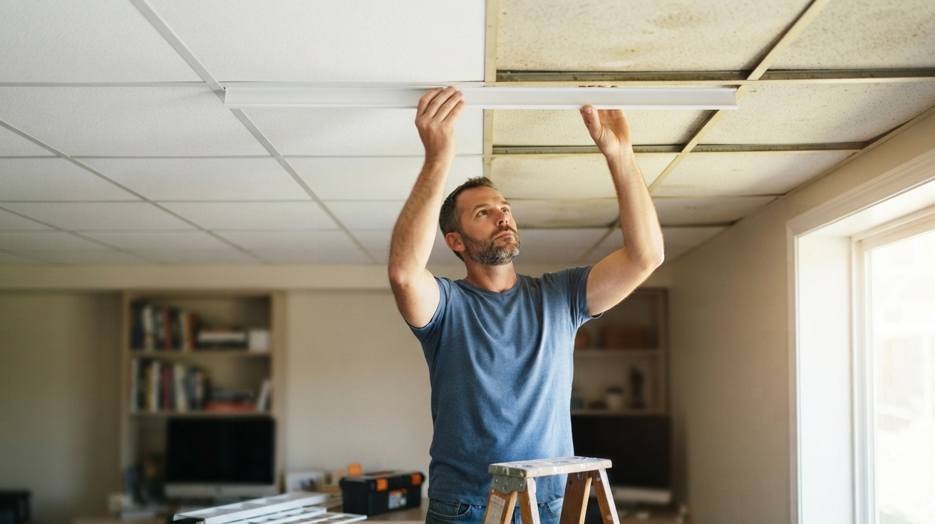 Man replacing an old stained ceiling tile in a suspended grid