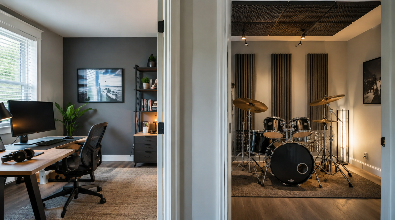 Home office next to a treated drum room sharing a common wall