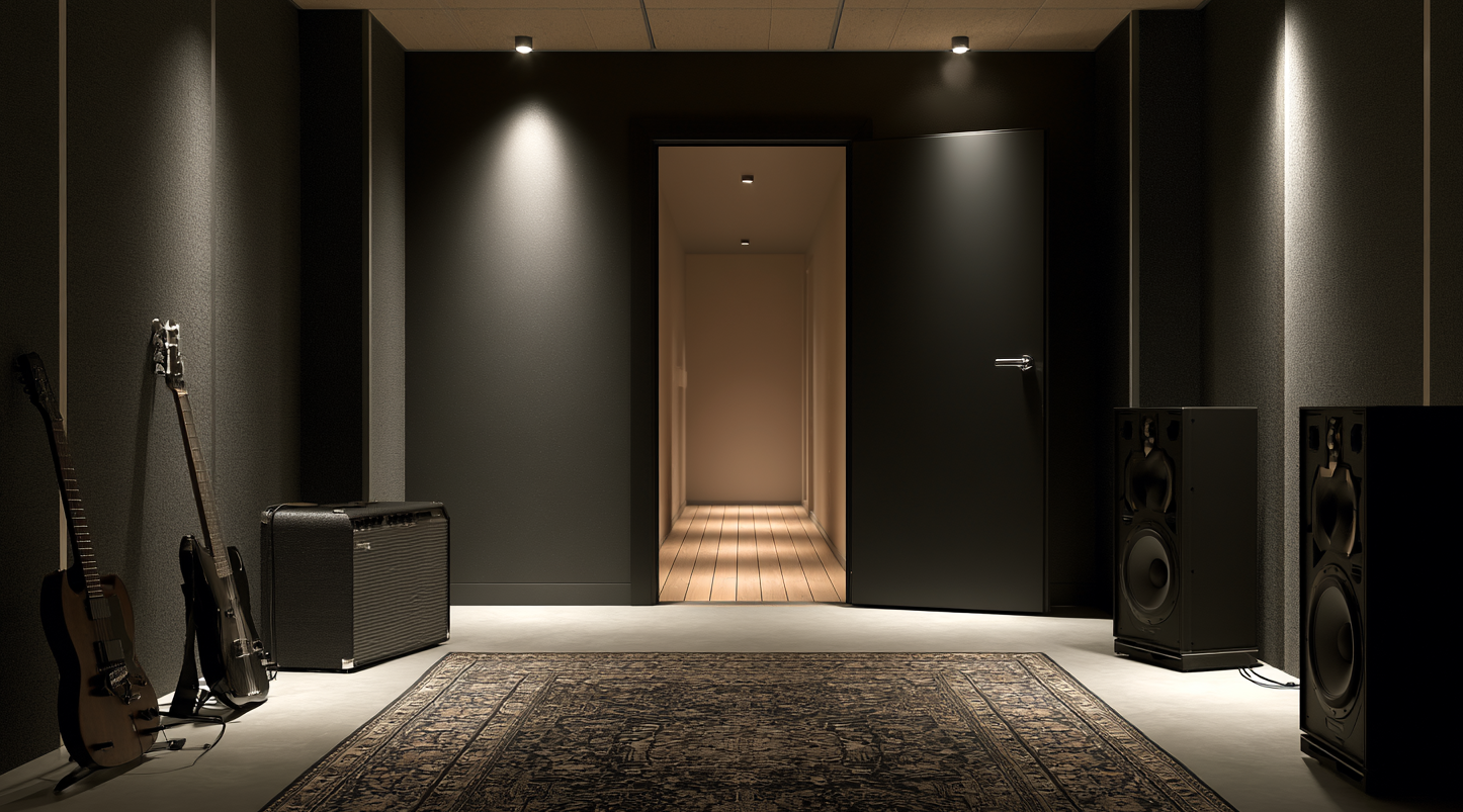 Music room with an open door showing the main sound leak path