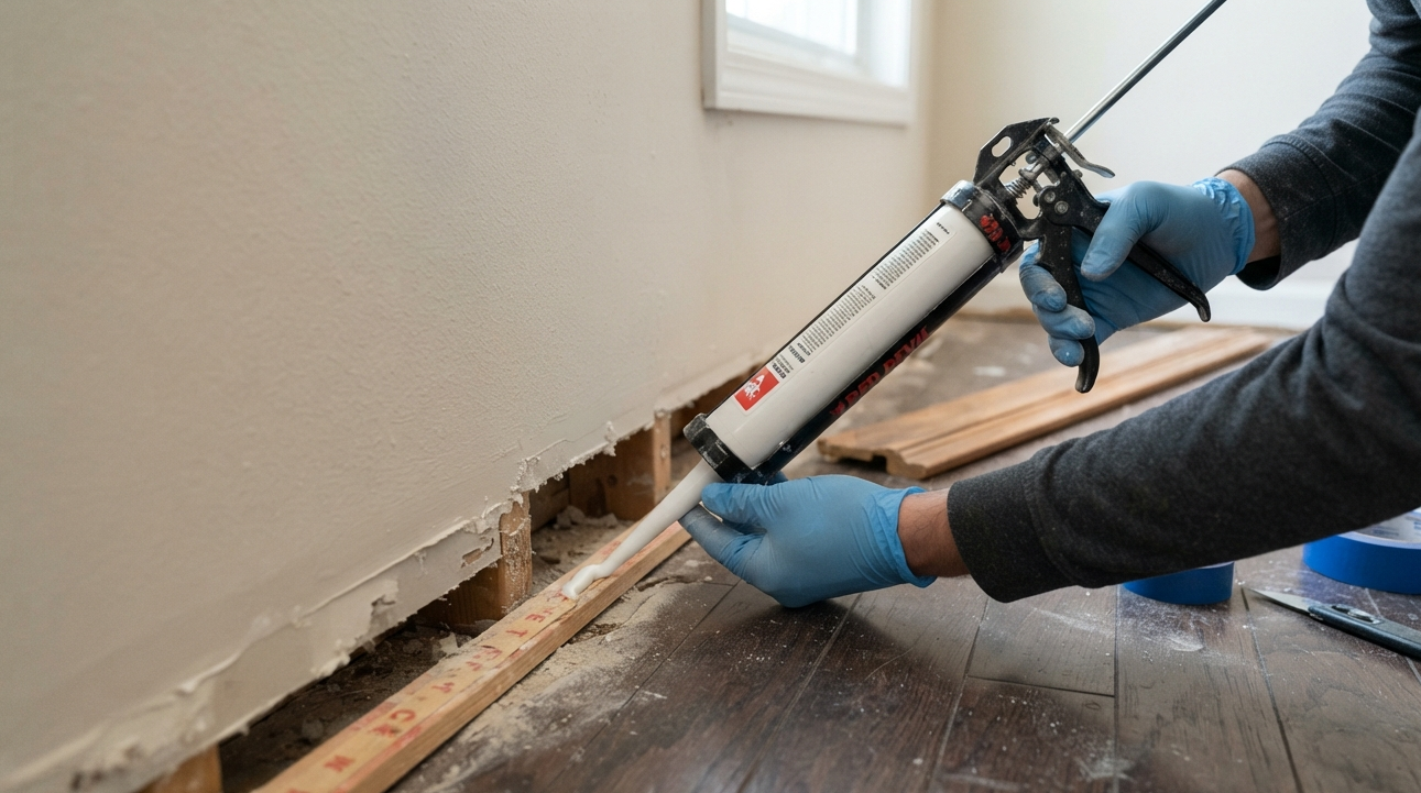 Applying acoustical sealant at the base of a wall behind removed trim