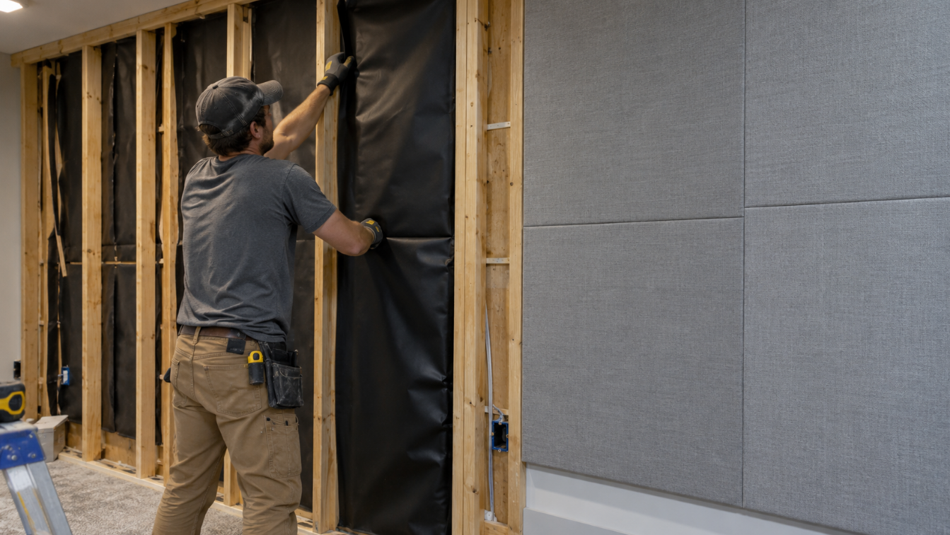 Contractor installing mass loaded vinyl between wall studs next to a wall finished with fabric acoustic panels