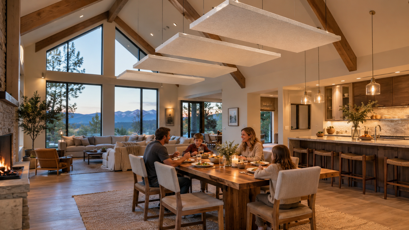 Family eating dinner under acoustic ceiling clouds suspended from a vaulted ceiling