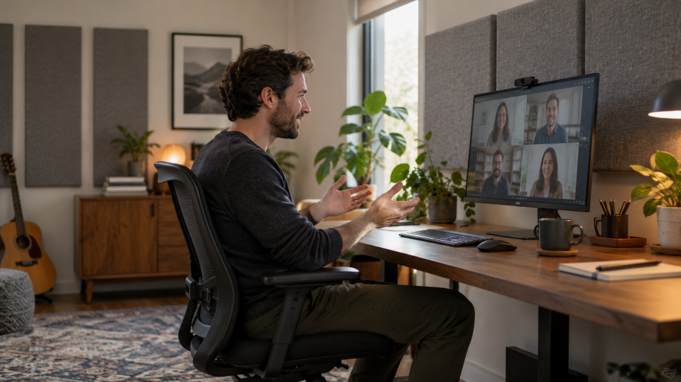 Man on a video call at a home office desk with acoustic panels behind the monitor and behind his chair