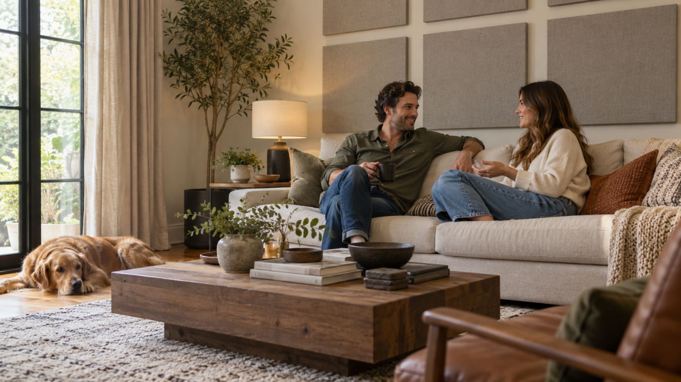 Couple talking on a fabric sofa in a living room with a wool area rug, heavy linen curtains, and gray acoustic panels on the wall