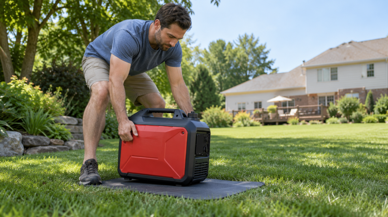 Man placing a portable inverter generator on a rubber mat on grass
