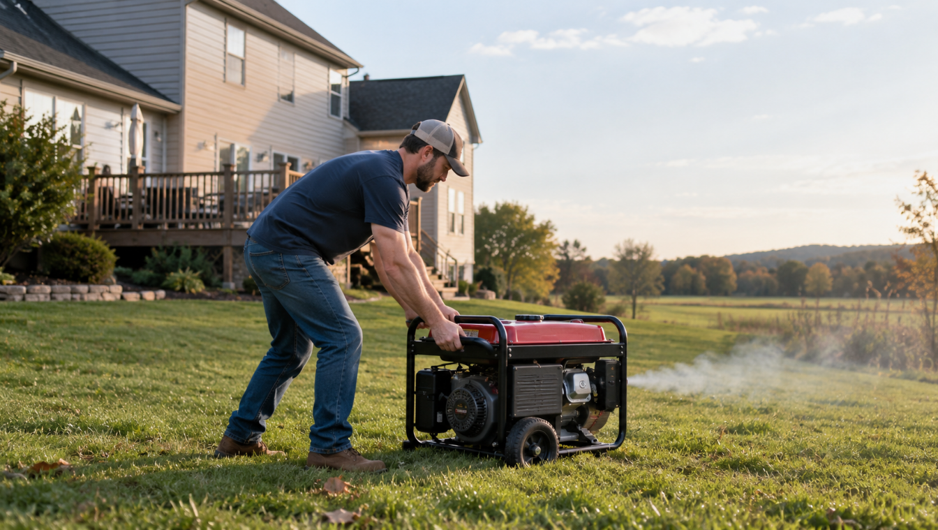 Man setting a portable generator on a backyard lawn far from the house