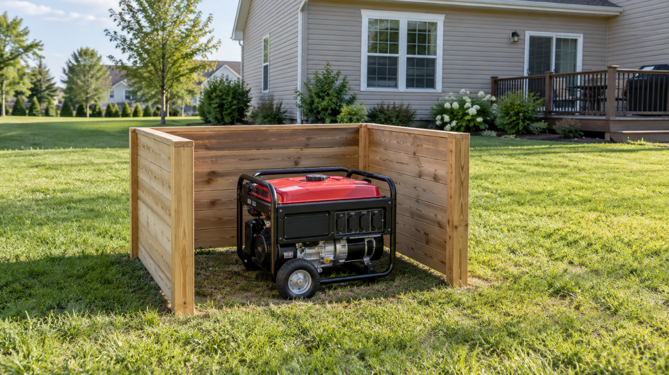 Portable generator inside a three-sided wooden barrier on a lawn