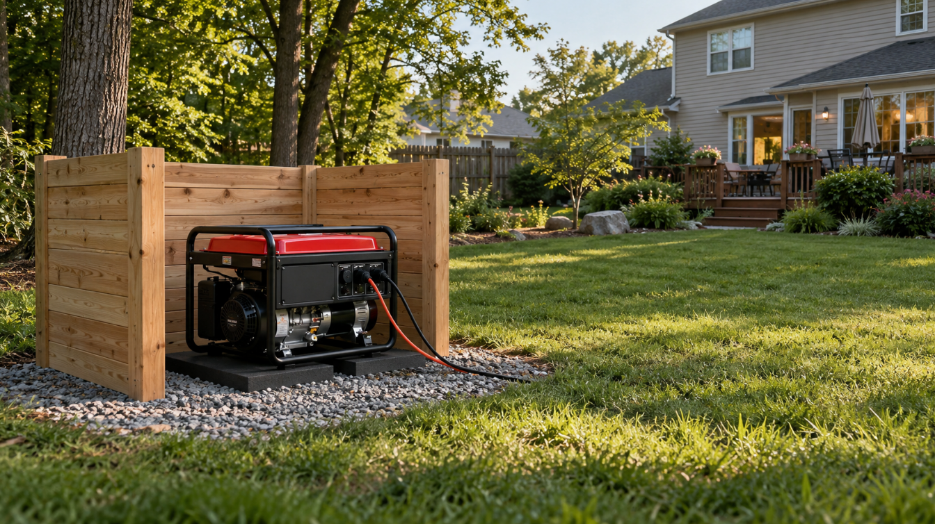 Portable generator on rubber pads behind a wooden barrier, far from a house