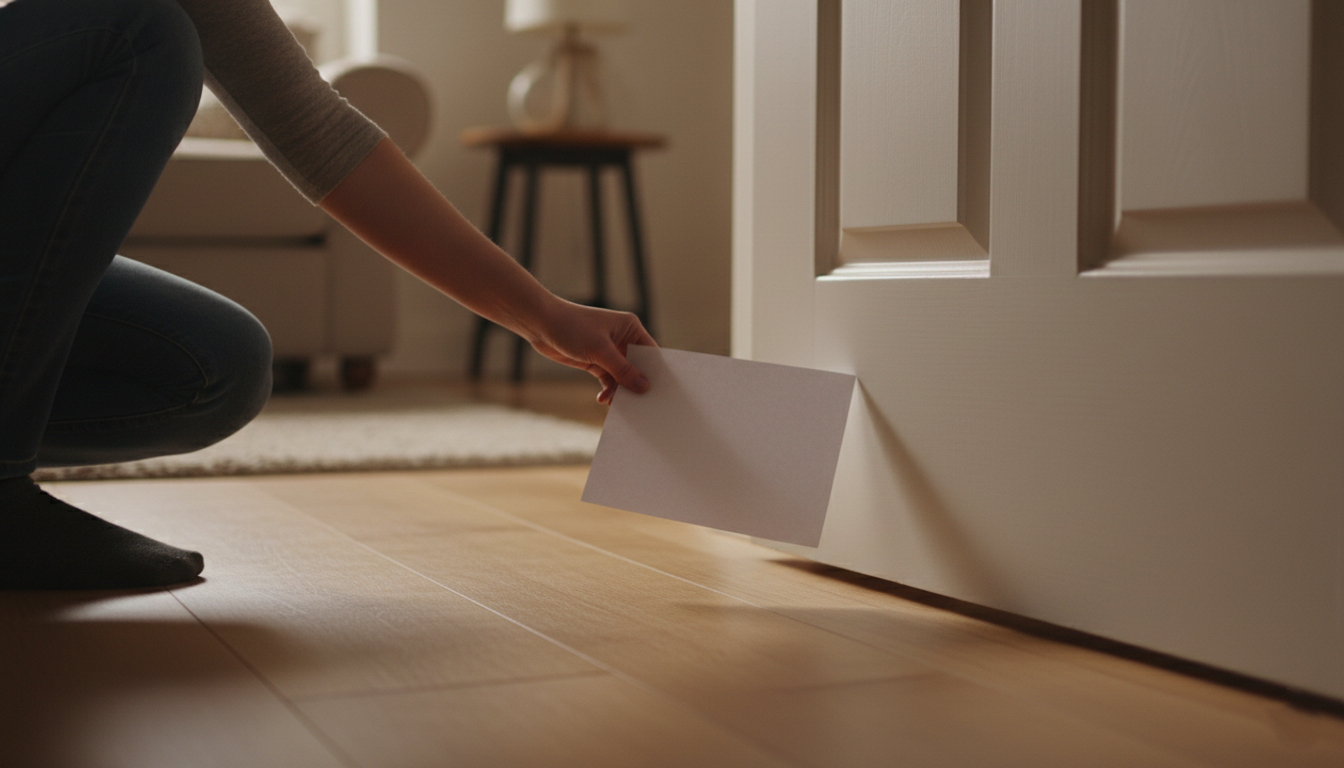 Person checking gap under door with paper to identify sound leak point