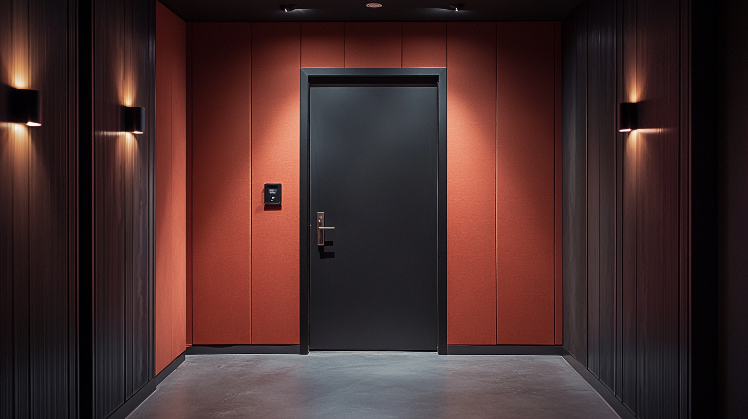 Soundproof studio door surrounded by acoustic wall panels in a recording facility