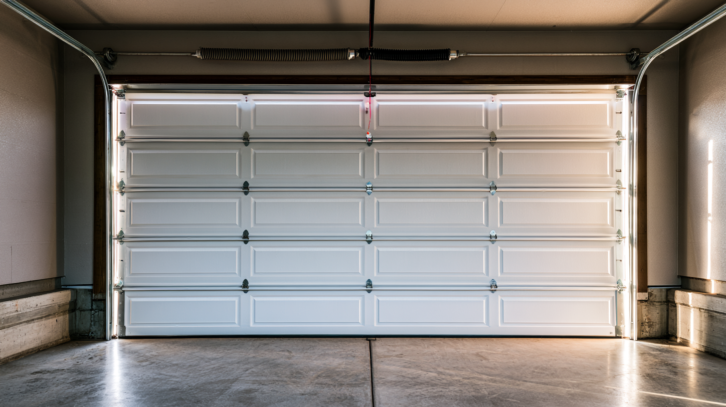 Closed sectional garage door with torsion spring and light gaps at the perimeter