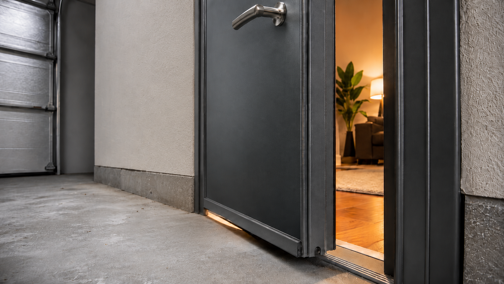 Solid core entry door between garage and house with an automatic door bottom