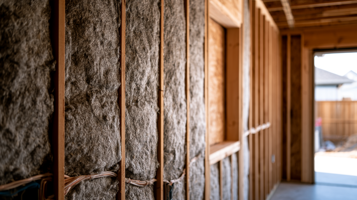 Mineral wool batts filling garage wall stud cavities