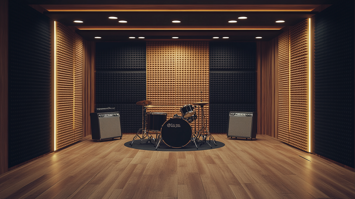Music rehearsal room with acoustic foam panels covering walls and drum set
