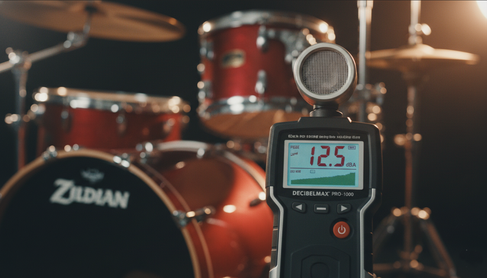 Sound level meter measuring decibels in front of drum kit in music room
