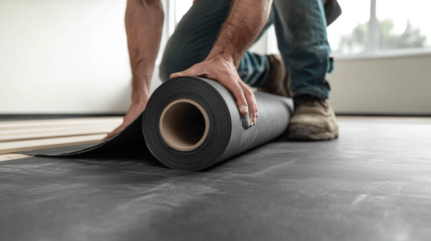 Installer rolling out mass loaded vinyl for soundproofing a music room floor
