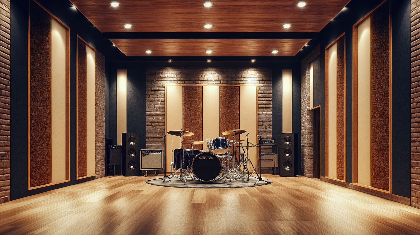 Recording studio with fabric-wrapped acoustic panels on walls and drum kit in center