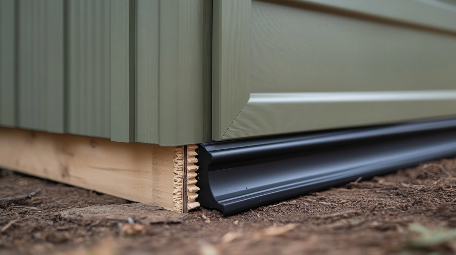 Weatherstripping and door sweep sealing a shed door gap