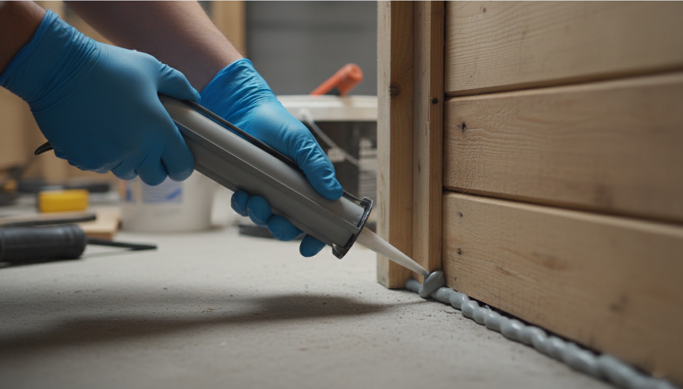 Applying acoustic sealant along the wall-to-floor joint