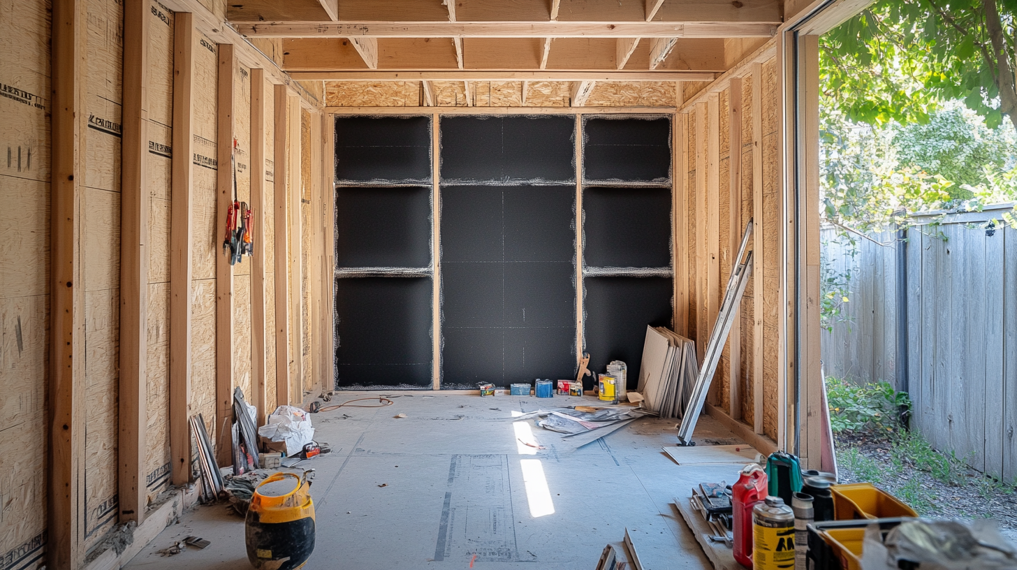 Shed wall covered with mass-loaded vinyl during soundproofing