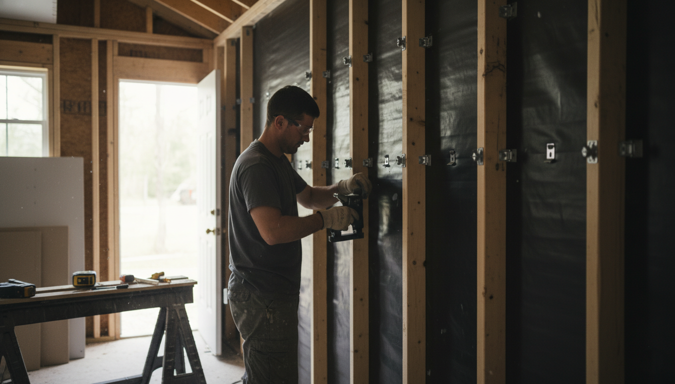 Worker attaching mass-loaded vinyl to shed wall studs