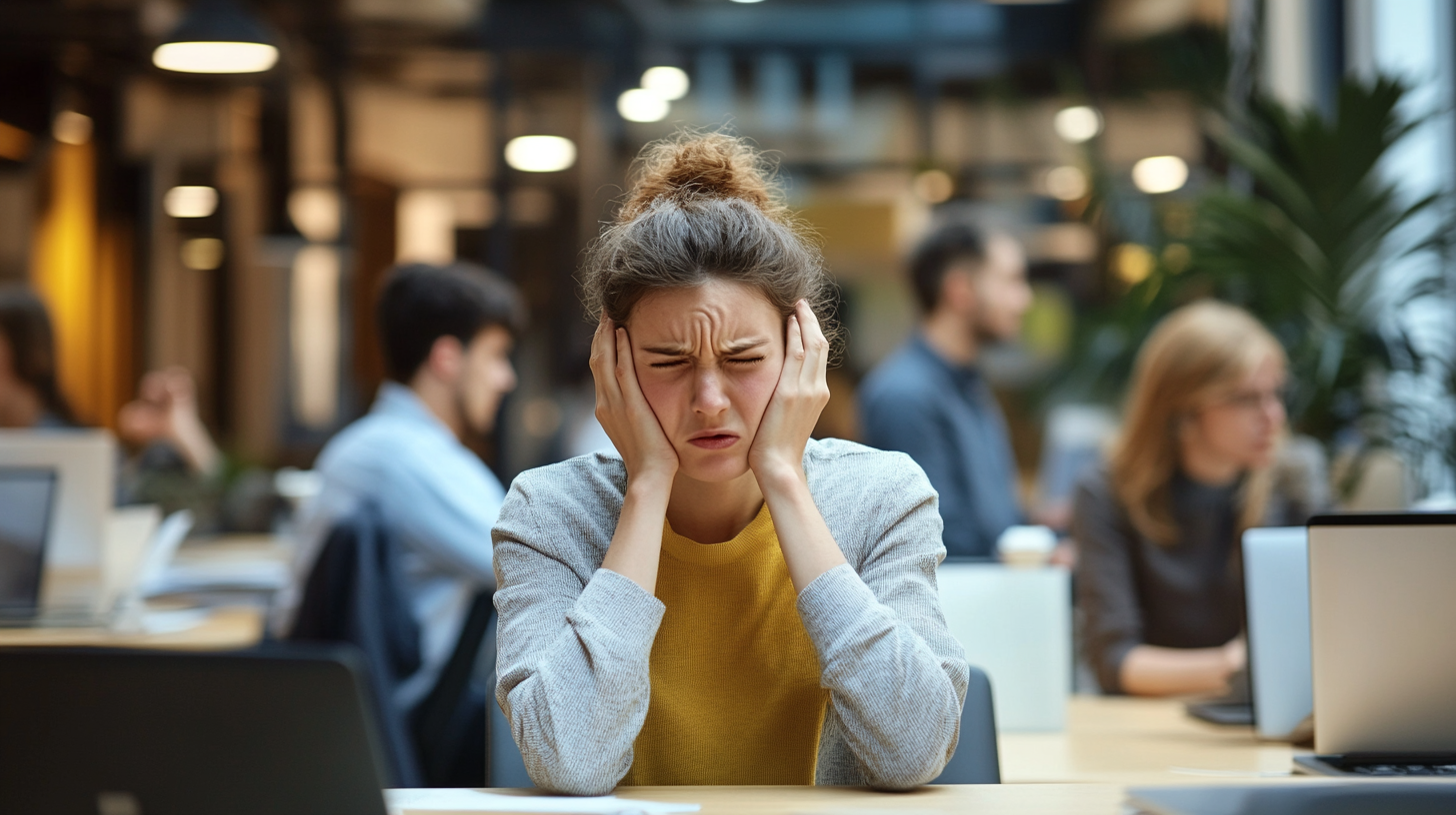 Woman covering ears from noise distraction in a loud open-plan office