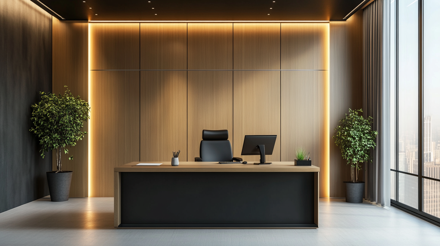 Executive office with wood acoustic panels on wall and ambient lighting
