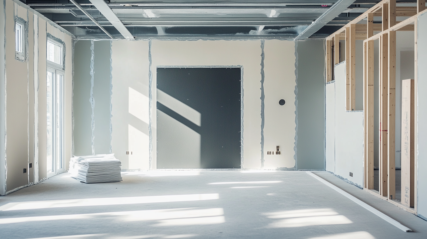 Room under construction with drywall walls ready for acoustic treatment installation