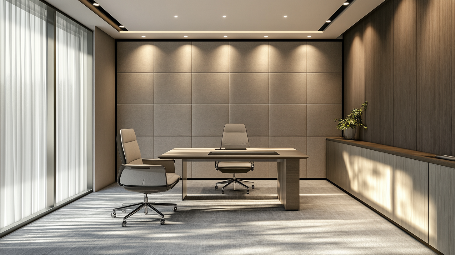 Private office with fabric-wrapped acoustic panels covering the rear wall