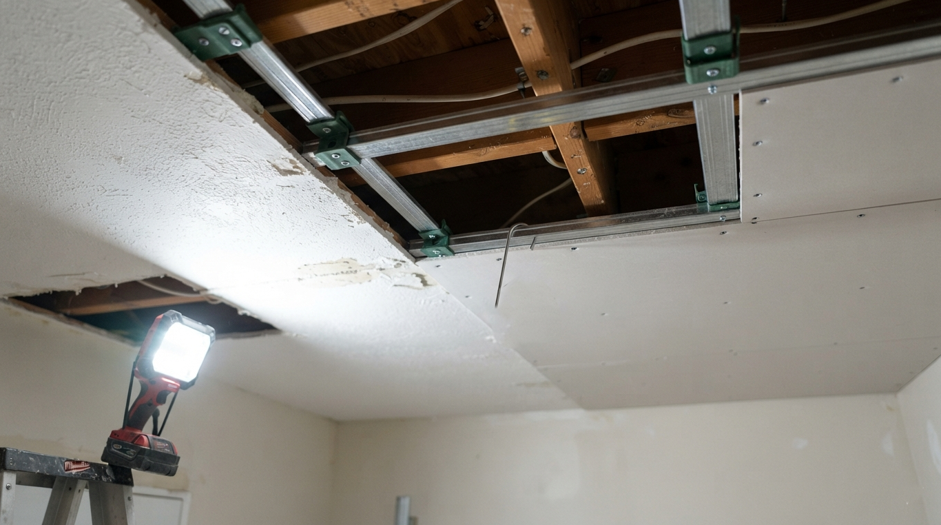 Isolation clips and hat channel fixed to joists with new drywall going up