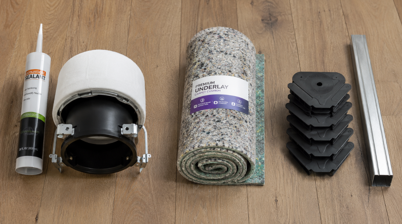 Ceiling soundproofing materials: acoustical sealant, light cover, carpet underlay, clips and channel