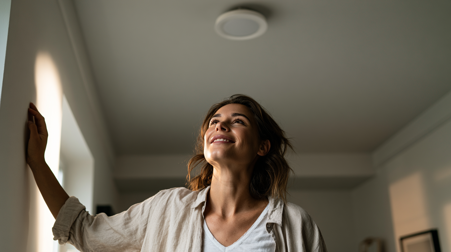 Woman in a quiet room looking up at a treated ceiling