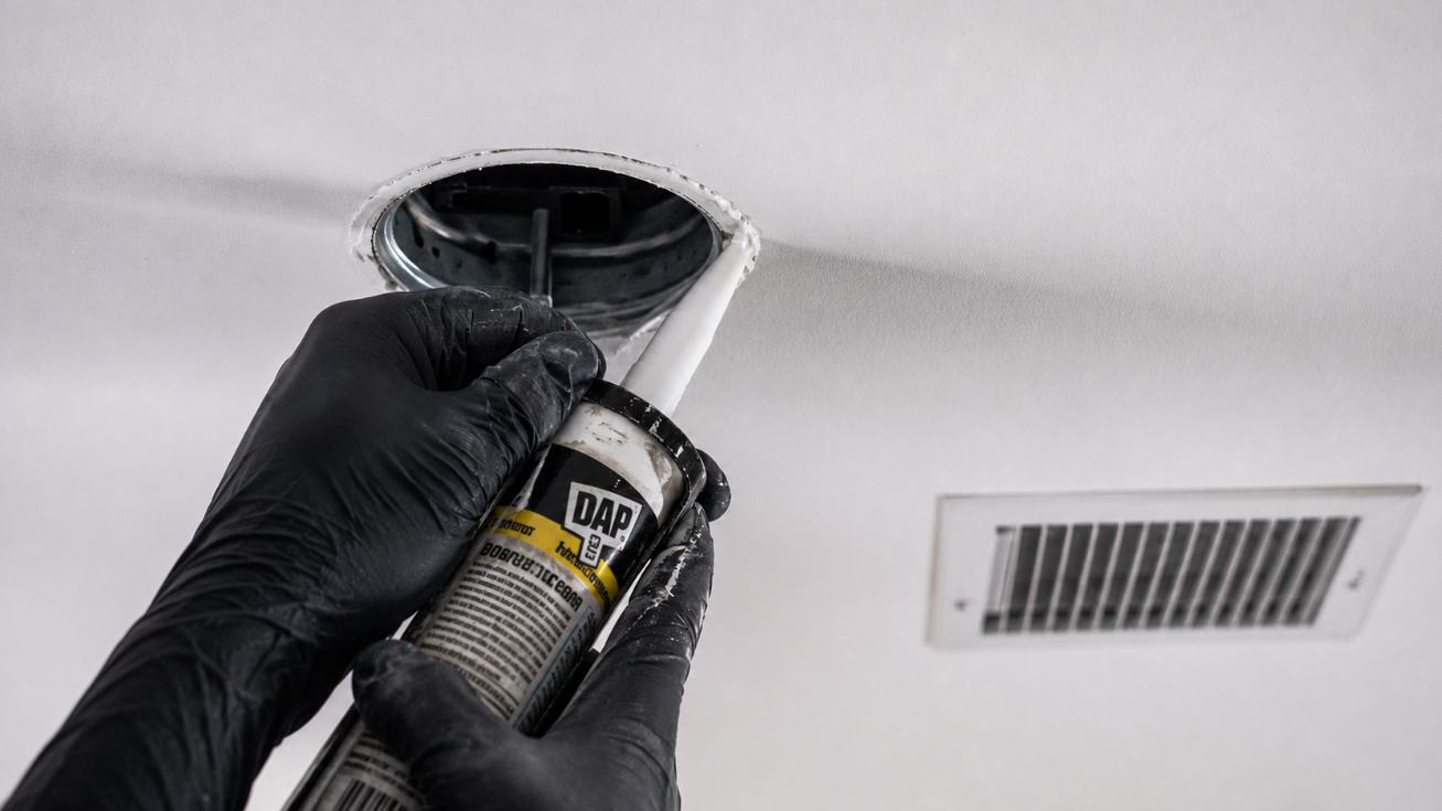 Applying acoustical sealant around a recessed light housing in a ceiling