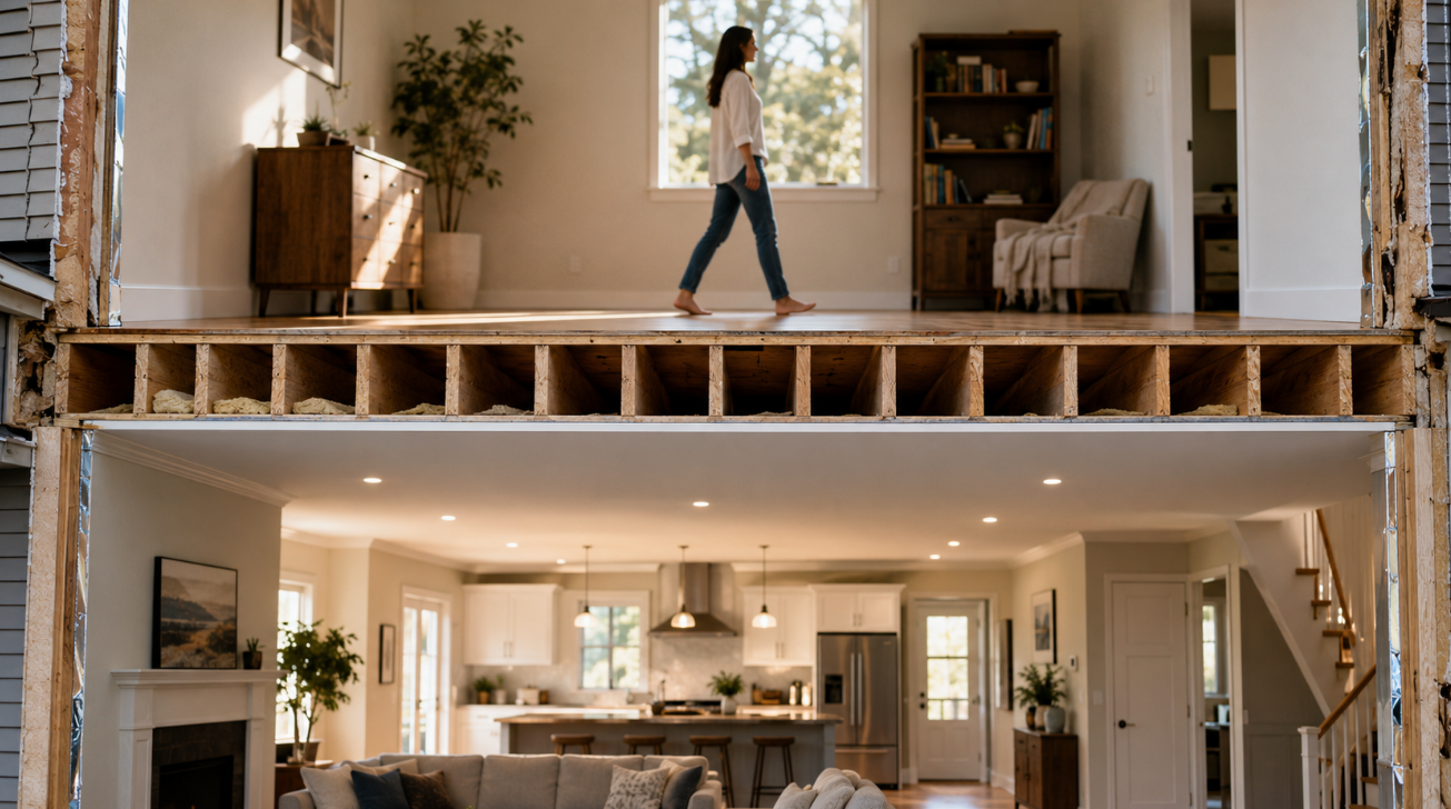 Cutaway of a floor assembly showing joists between an upstairs room and the room below
