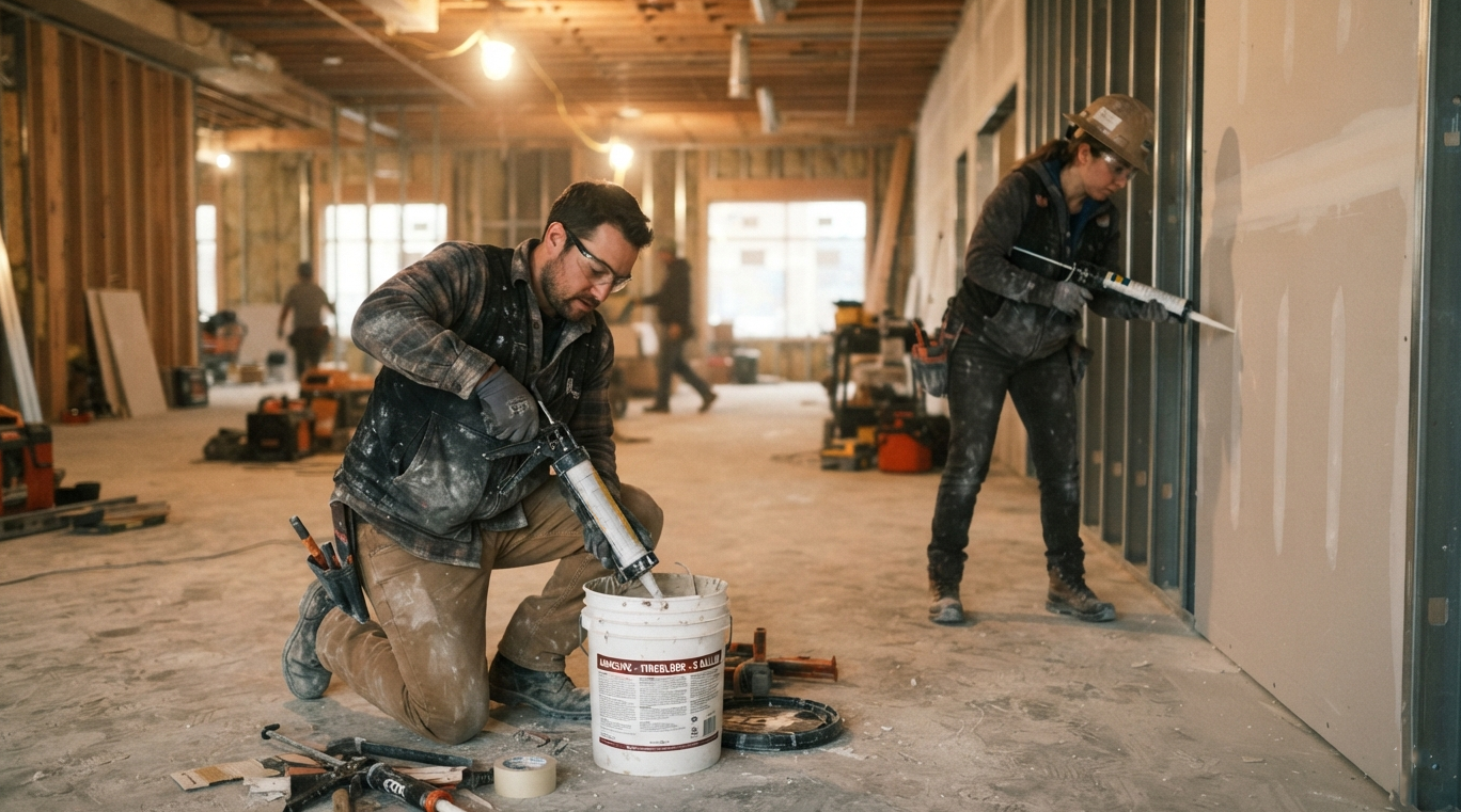 Workers applying compound to drywall with caulking guns on a job site