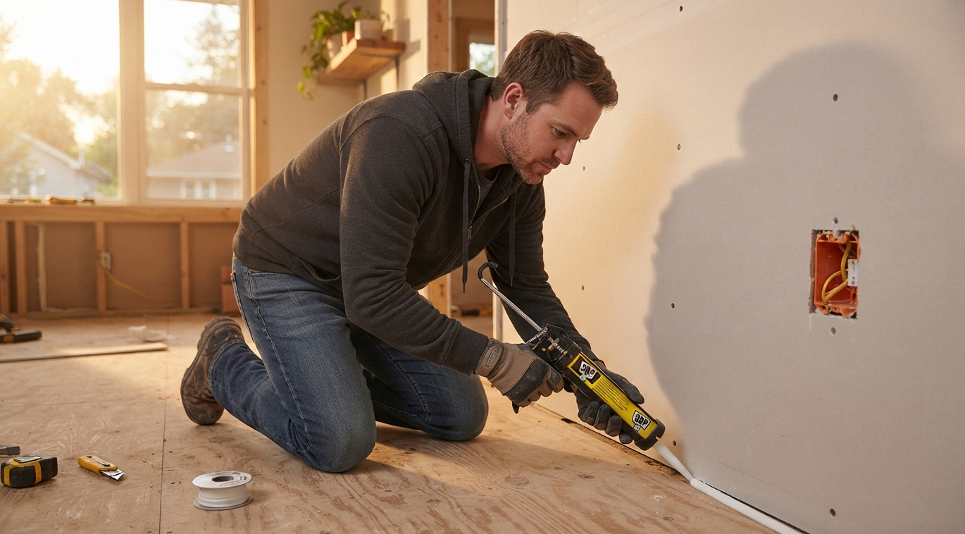 Man sealing the drywall perimeter with acoustical sealant