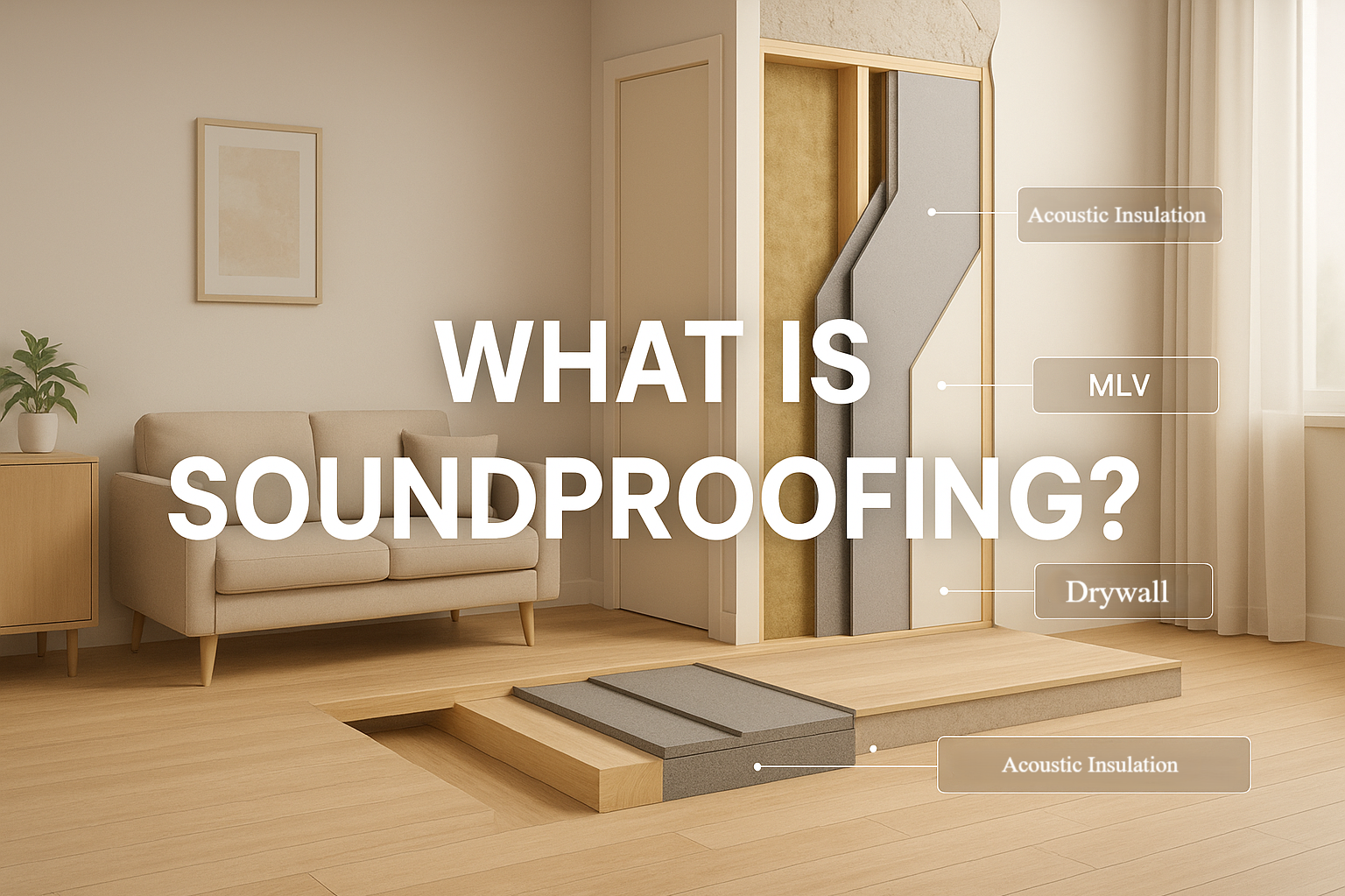 Living room with labeled soundproofing layers and text 'What is Soundproofing?'