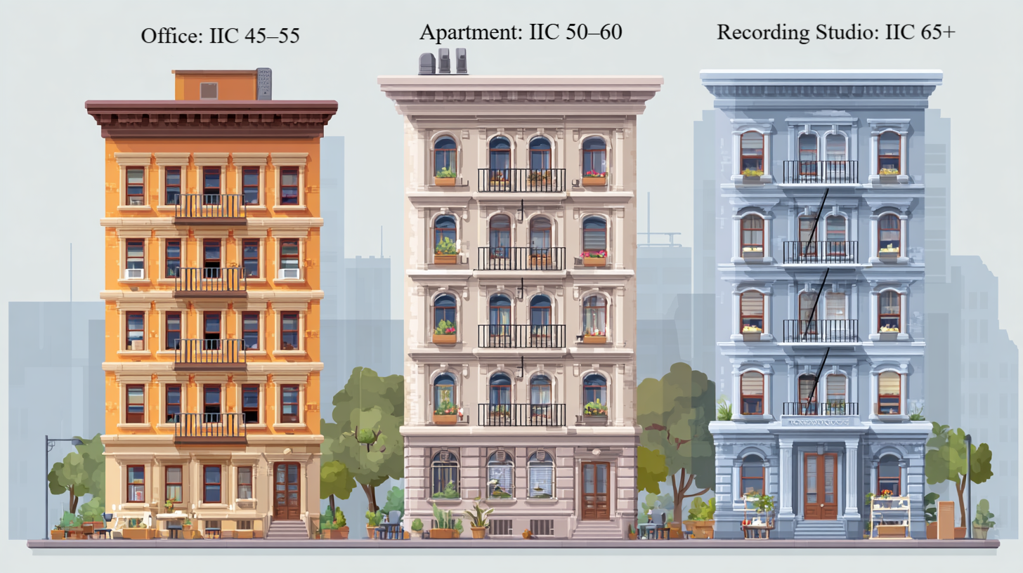 Infographic comparing IIC ratings for office, apartment, and recording studio buildings